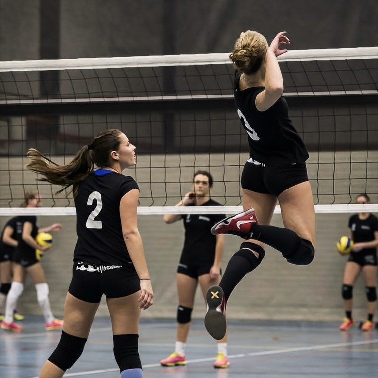 Aanvalster springt aan het net tijdens een volleybalwedstrijd